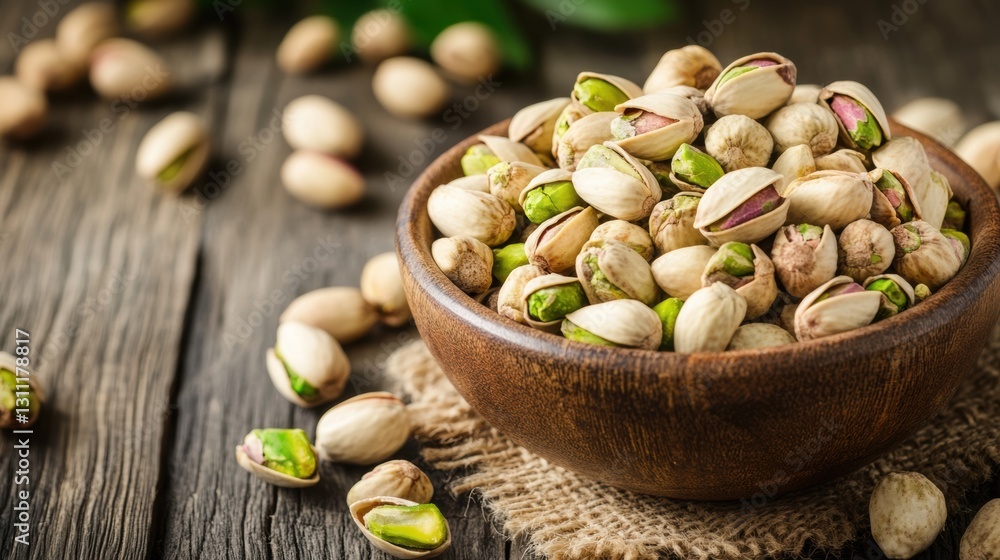 Pistachios in a wooden bowl amidst scattered nuts and leaves Pistachios in a wooden bowl amidst scattered nuts and leaves