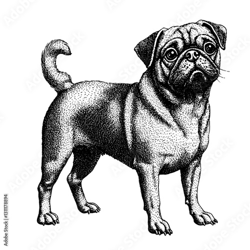 Engraved vector illustration of a standing pug dog in tattoo style