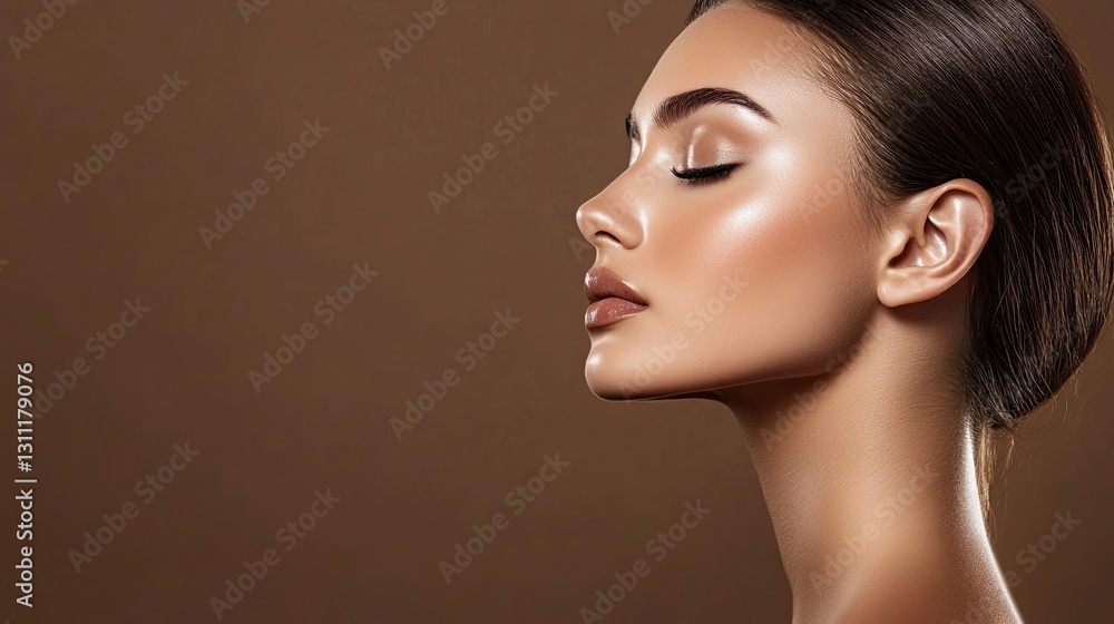 Naklejka premium Beautiful woman with flawless skin, side view, brown background, space for text, banner design, close-up portrait, beauty concept stock photo.