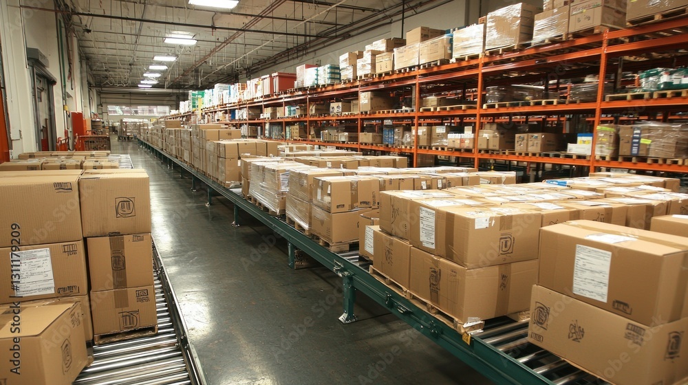 Warehouse conveyor belt with stacked boxes, industrial interior Warehouse conveyor belt with stacked boxes, industrial interior