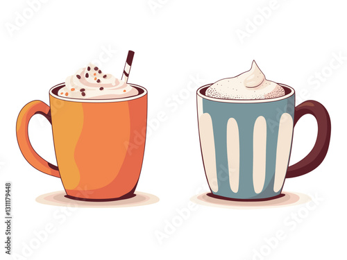 Cute Flat Cartoon Vector Illustration with 2 cups of cappuccino coffee with chocolate and whipped cream