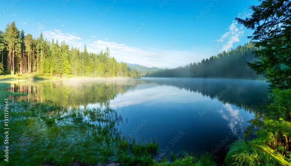 Reflection of Tranquility: A pristine lake mirrors the surrounding landscape, embraced by a lush forest under a clear blue sky, embodying serenity and the untamed beauty of the wild. Reflection of Tranquility: A pristine lake mirrors the surrounding landscape, embraced by a lush forest under a clear blue sky, embodying serenity and the untamed beauty of the wild.
