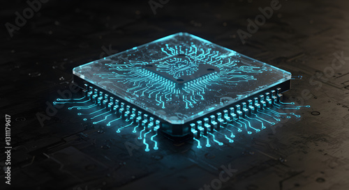 Futuristic Transparent Microchip on Dark Circuit Board, Technology Concept