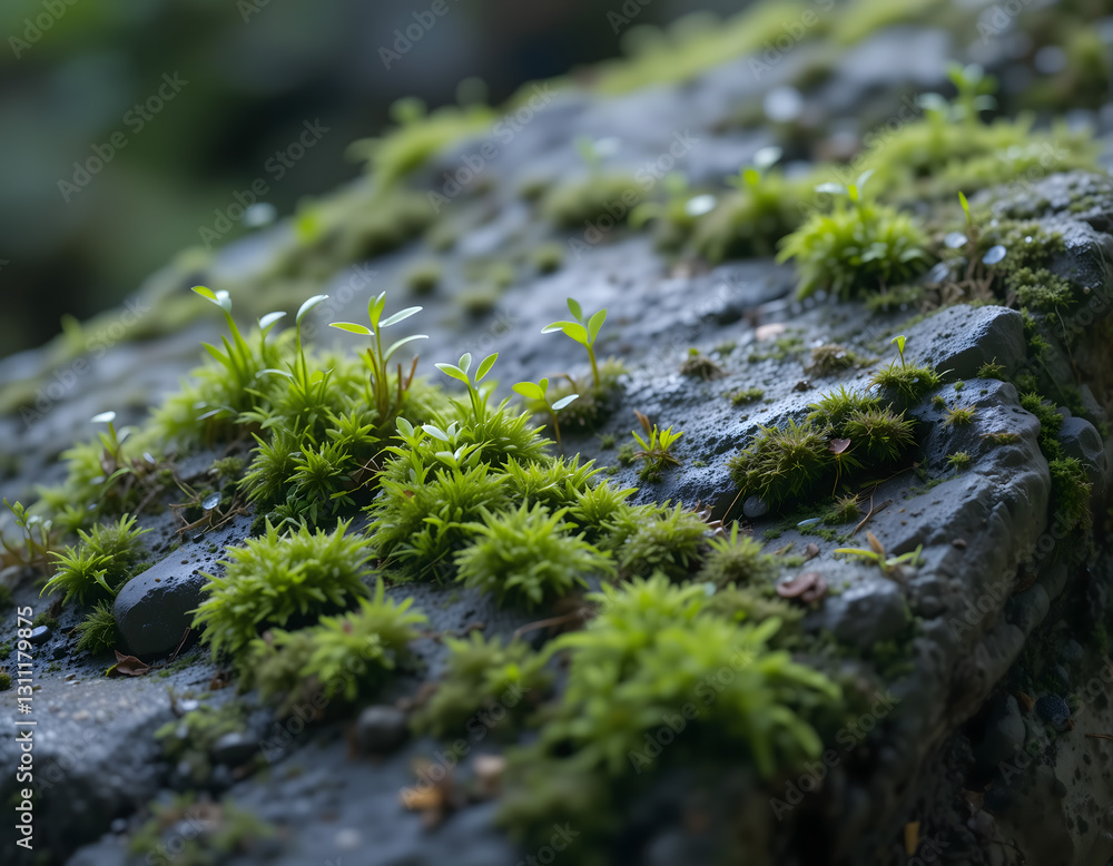 Mossy Rock Surface with Tiny Plants Growing Mossy Rock Surface with Tiny Plants Growing