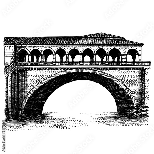 Historic engraved vector illustration of a grand bridge with arches over water at dusk