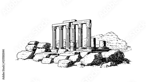 Historic ruins featuring engraved columns and stone structures set against a rocky landscape in a timeless scene