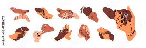 Handshakes, greeting gestures set. Two human hands high five, shake, punch fists, touch and hold together. Concept of friendship, support, love. Flat isolated vector illustrations on white background