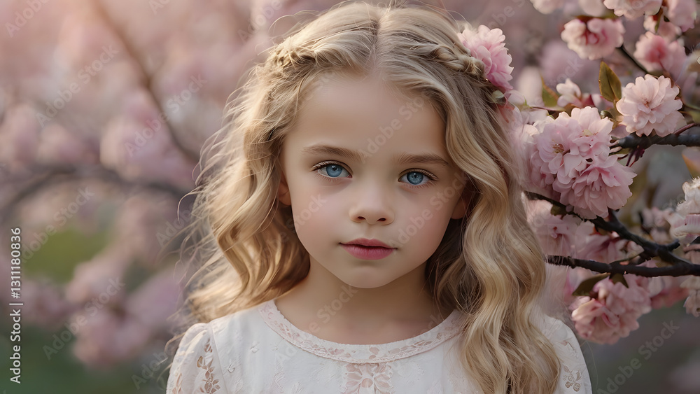 Spring flowering. Portrait of a beautiful little girl 4 years old in a pink blouse in nature against a background of pink flowering apple trees. Childhood. The baby is posing. Spring flowering. Portrait of a beautiful little girl 4 years old in a pink blouse in nature against a background of pink flowering apple trees. Childhood. The baby is posing.