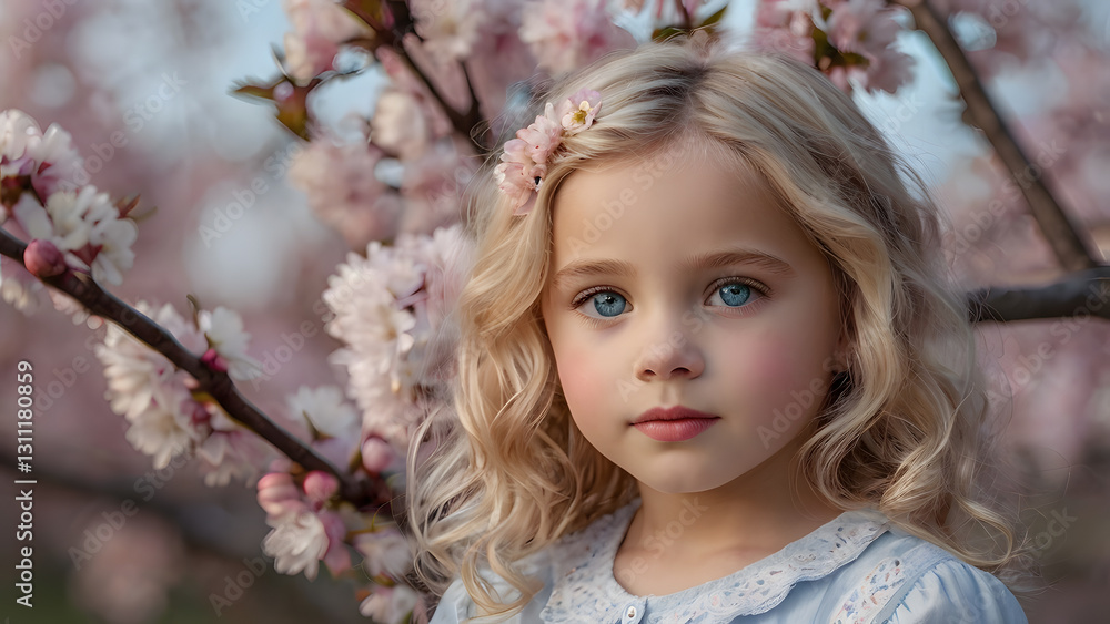 Spring flowering. Portrait of a beautiful little girl 4 years old in a pink blouse in nature against a background of pink flowering apple trees. Childhood. The baby is posing. Spring flowering. Portrait of a beautiful little girl 4 years old in a pink blouse in nature against a background of pink flowering apple trees. Childhood. The baby is posing.