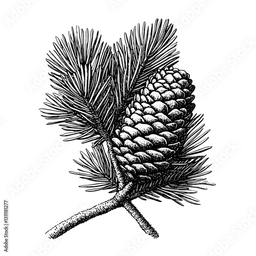 Engraved vector design featuring a pine cone and branch with needles in a detailed tattoo style