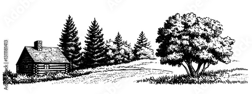 Rustic engraving of a cabin in a wooded landscape with a winding path and lush trees