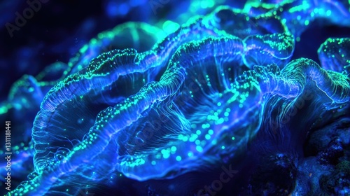 A close up shows a vibrant blue and green sea creature