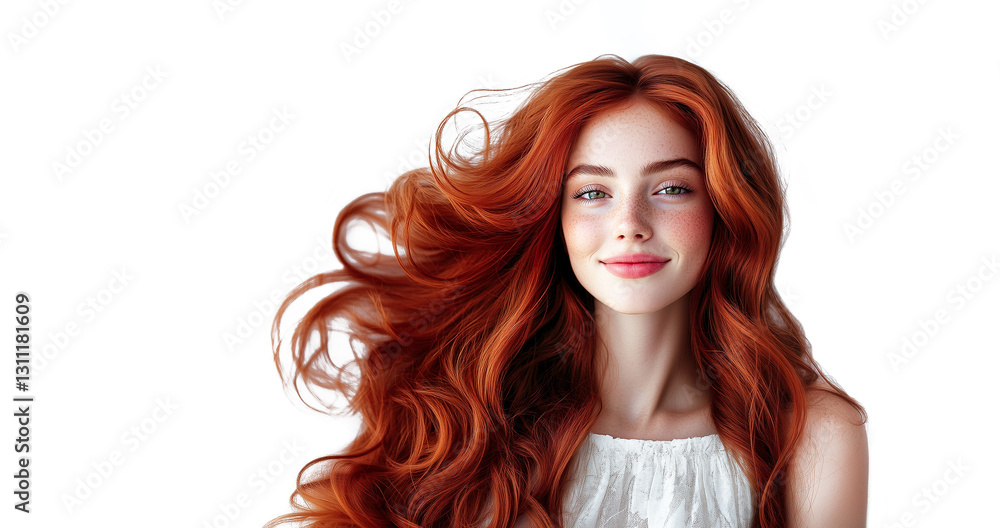 Beautiful young woman with long flowing red hair isolated on white background. Mockup, signboard with space for text for shampoo and conditioner advertising, hair salon design concept Beautiful young woman with long flowing red hair isolated on white background. Mockup, signboard with space for text for shampoo and conditioner advertising, hair salon design concept