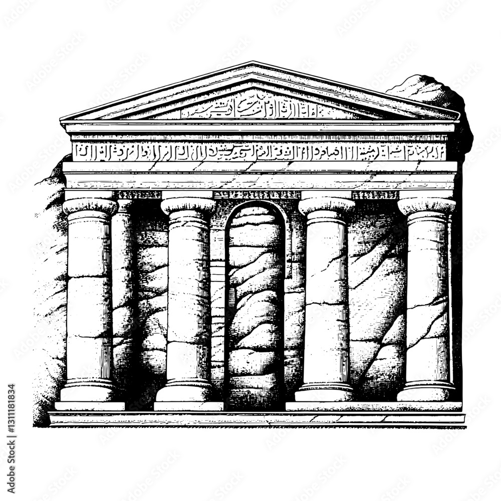 Fototapeta premium Engraved architectural design featuring ancient columns and inscriptions, ideal for tattoo inspiration and vector art