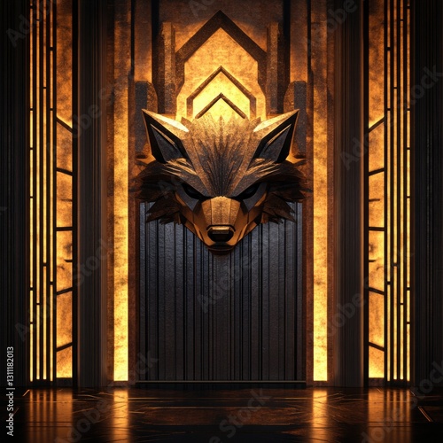 A door with a wolf's head carved into the surface photo