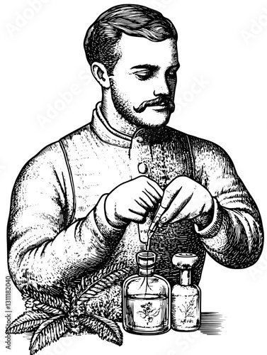 Engraved illustration of a man mixing herbal extracts in a laboratory setting