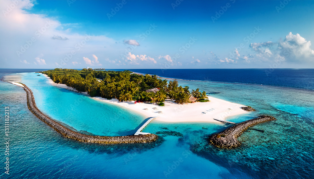 Obraz premium Island Paradise: An aerial panorama showcasing an idyllic tropical island with pristine turquoise waters, lush greenery, and sandy shores. Evoking a sense of escapism and tranquility.