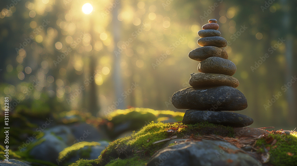 Obraz premium Zen balanced stones stack in forest, nature scene with calming sunlight bokeh