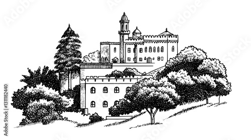 Engraved vector illustration of a castle complex surrounded by lush trees in a serene landscape