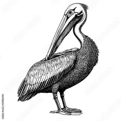 Engraved vector illustration of a pelican showcasing intricate feather details and natural posture