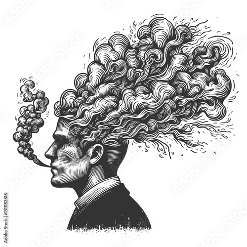 man with smoke emerging from his head, symbolizing thoughts and imagination sketch engraving generative ai fictional character vector illustration. Scratch board imitation. Black and white image.