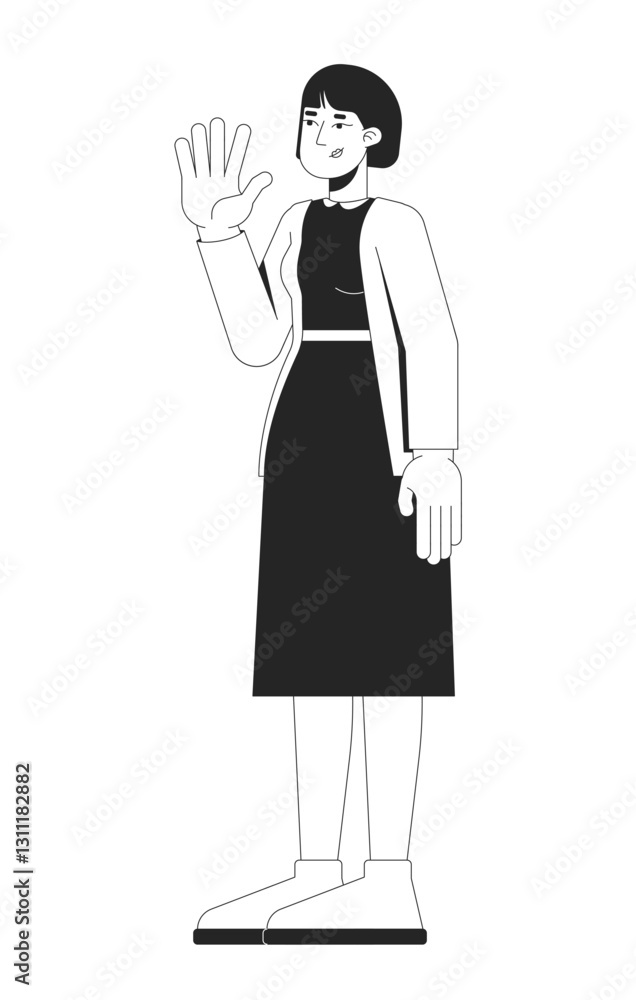 Korean woman in black dress cardigan waving with confident expression 2D line character. Friendly greeting, asian female casual chic isolated vector ink outline person. Monochromatic spot illustration Korean woman in black dress cardigan waving with confident expression 2D line character. Friendly greeting, asian female casual chic isolated vector ink outline person. Monochromatic spot illustration
