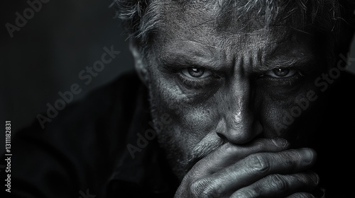 A thoughtful man pauses to reflect, hands resting on chin