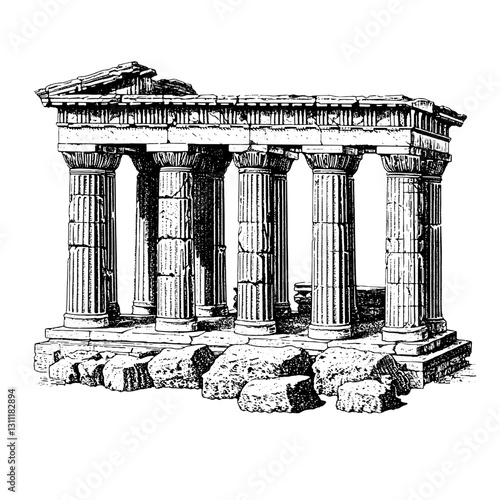Engraved vector tattoo design featuring ancient temple ruins with detailed columns and stones in a classic style