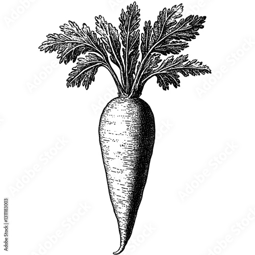 Engraved vector illustration of a white carrot with detailed leaves and roots in a classic tattoo design style