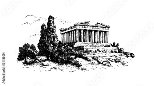 Engraved vector art of ancient Greek temple on a hill surrounded by trees and clouds