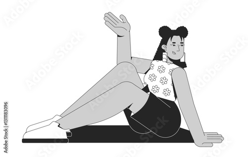 Latina woman in floral top sitting comfortably, waving playfully 2D line character. Hispanic female confident friendly demeanor isolated vector ink outline person. Monochromatic spot illustration