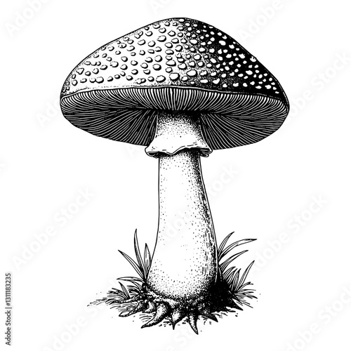 Intricate engraved design of a mushroom with detailed texture and natural surroundings