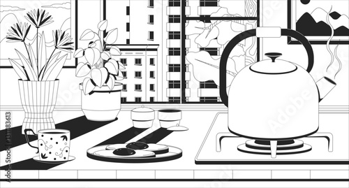 Cozy morning kitchen with breakfast and boiling kettle lofi illustration outline. Fried eggs toasts, houseplants by window 2D ink linear flat lo fi drawing. Vector line art aesthetic wallpaper