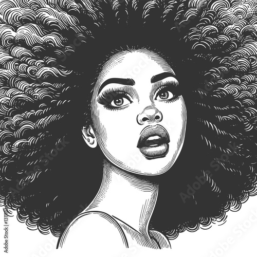 woman with a voluminous afro hairstyle and hoop earrings, exuding strength, beauty, and vintage artistic elegance sketch engraving generative ai vector illustration. Scratch board. Black and white.
