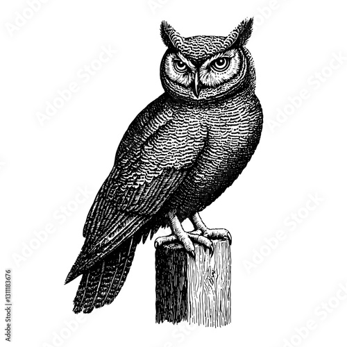 Detailed engraved vector of an owl perched on a wooden post with intricate feather patterns and intense gaze