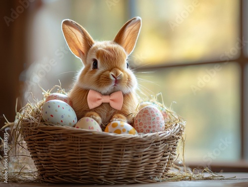 Cute bunny with Easter eggs. AI.