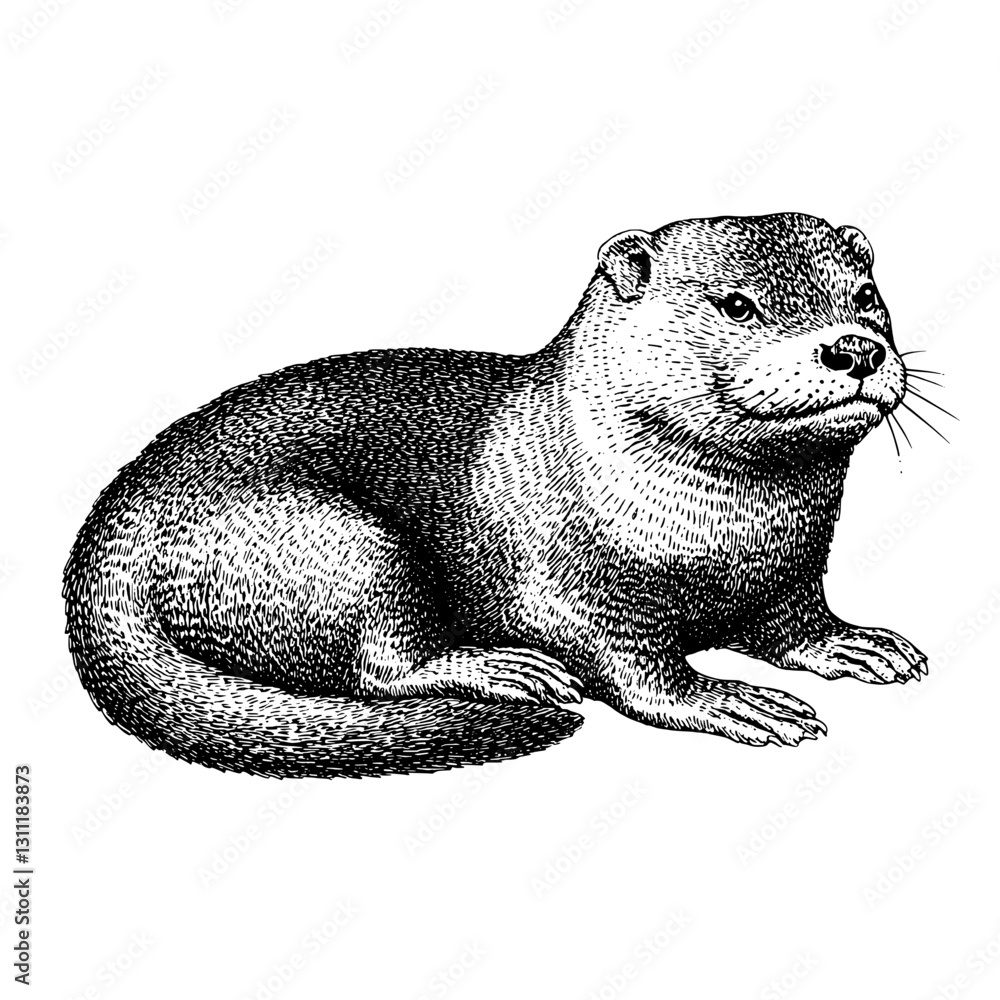 Fototapeta premium Detailed engraved design of an otter showcasing intricate line work suitable for tattoo art and vector graphics
