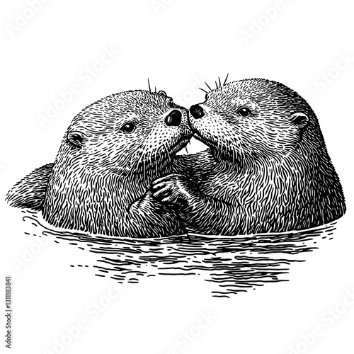 Engraved tattoo design featuring two otters in a loving embrace, creating a whimsical connection in water