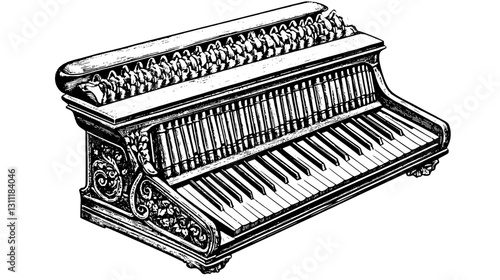 Intricate engraved design of a vintage piano with detailed carvings and ornate features
