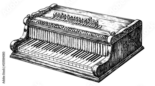 Engraved vector art of an antique keyboard instrument with detailed design features suitable for tattoo inspiration