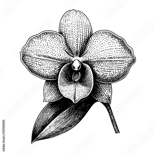 Engraved vector illustration of a detailed orchid tattoo design featuring intricate floral patterns and realistic shading