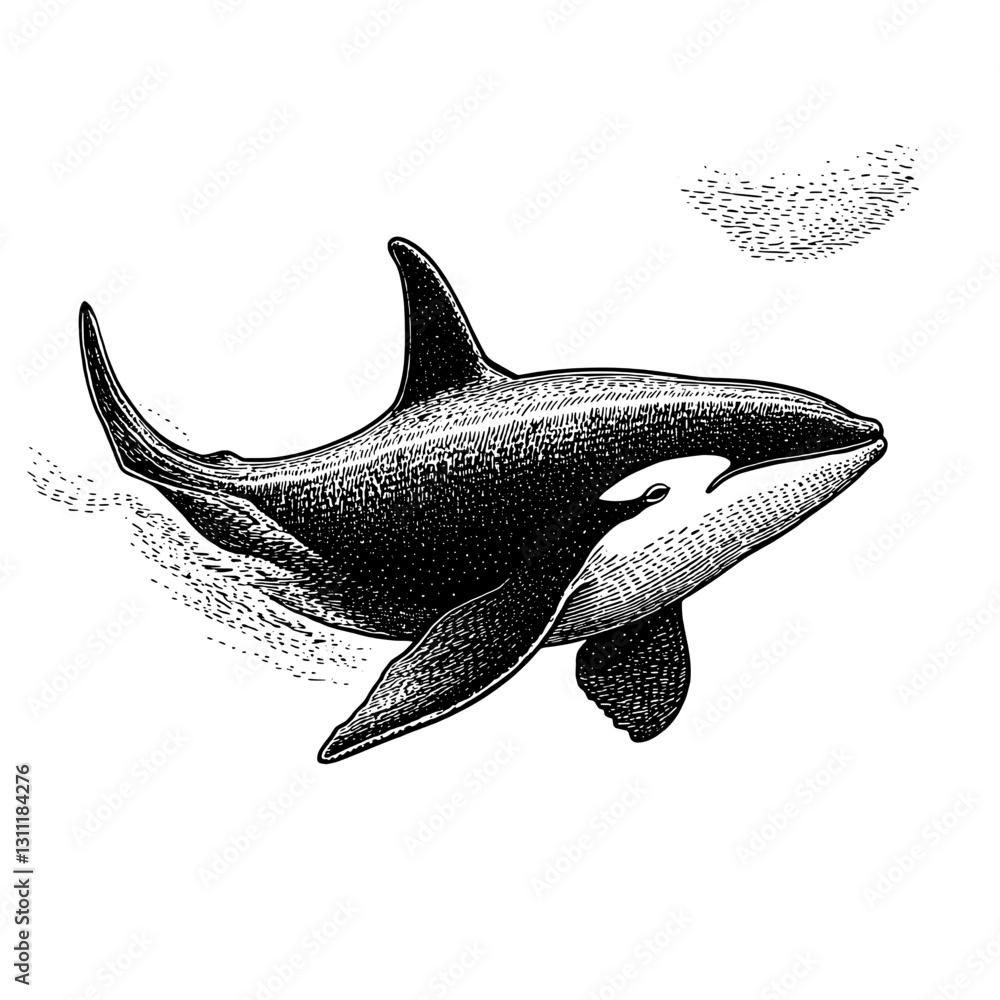 Fototapeta premium Engraved vector design of an orca tattoo showcasing intricate details and elegant lines inspired by marine life