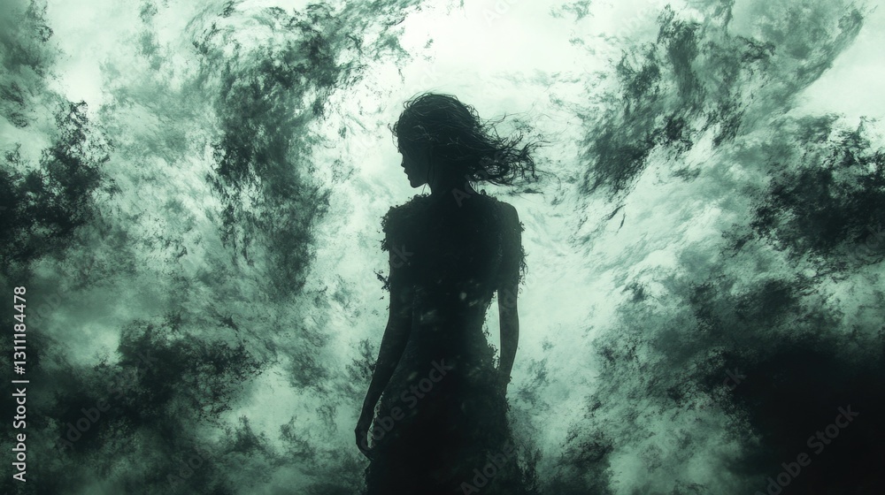 Obraz premium A woman stands alone looking up at a cloudy sky