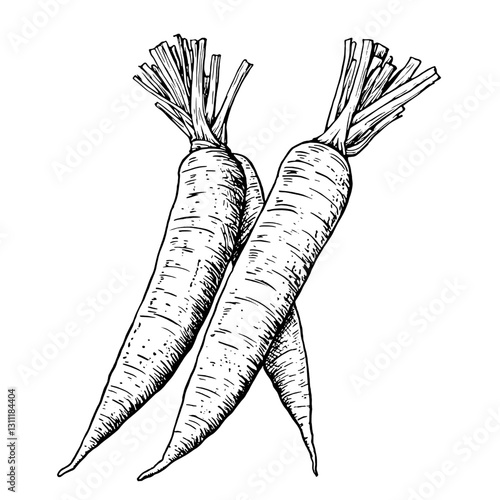 Detailed engraved vector tattoo design of two carrots with fine lines and shading features for artistic inspiration