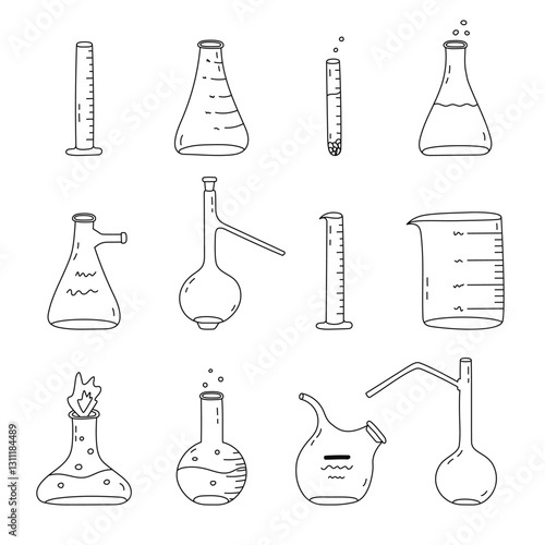 Big doodle set with laboratory beaker with fire, chemical solution, bubble. Flat-bottomed, round flask, glassware, tube for scientific, chemistry experiment. Hand drawn outline lab equipment.