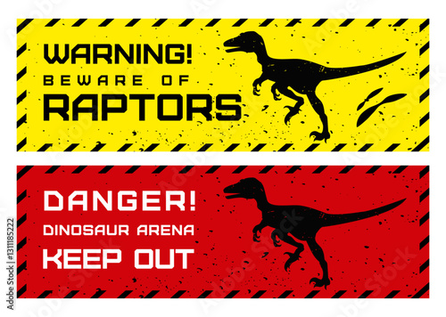 A vector illustration of warning signs about dinosaurs in a retro style. The top sign with a yellow and red backgrounds features the warning text and silhouette of dinosaur