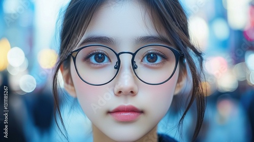 Close-up of a young woman wearing glasses. AI.