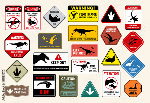 A set of vector warning signs featuring dinosaurs, including T.Rex, Velociraptor, Triceratops, Plesiosaur, Brachiosaur and Pterosaurs.