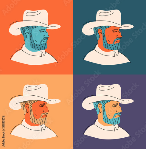 Stylized vector illustration of a cowboy portrait in a pop-art style, featuring four color variations. Classic western theme with a rugged bearded man wearing a hat, inspired by vintage 