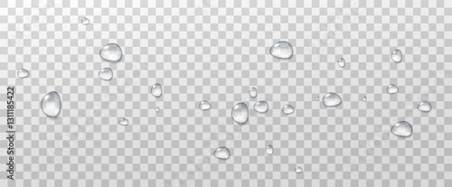 Realistic vector water drops png on a transparent light background. Water condensation on the surface with light reflection and realistic shadow. 3d vector illustration
